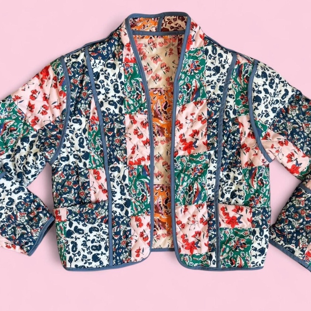 Reversible Patchwork Quilted Jacket Cropped Flora… - image 1